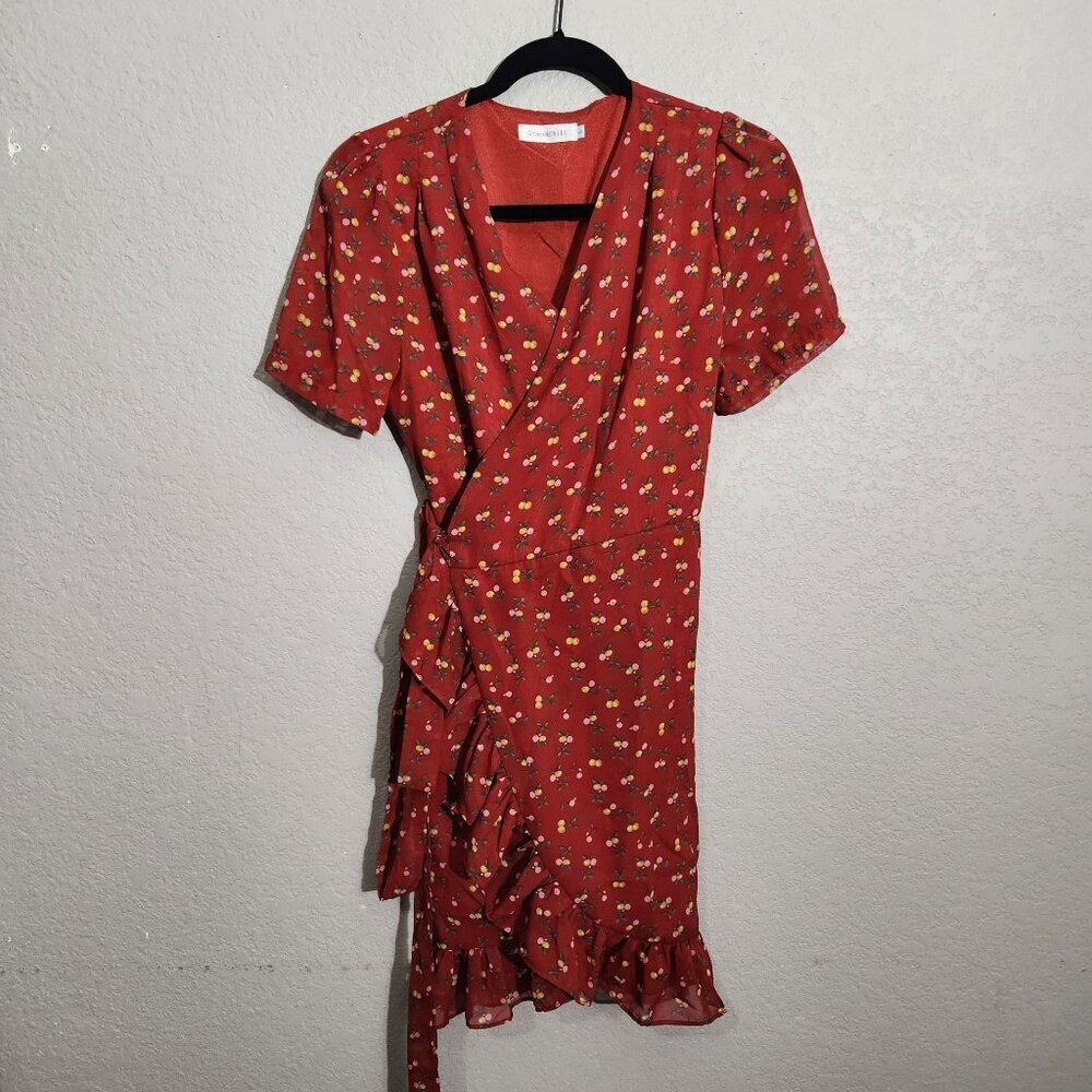 Grace & Chili Dress Red Floral Wrap Ruffle Fairy Floralcore Cherry Peach